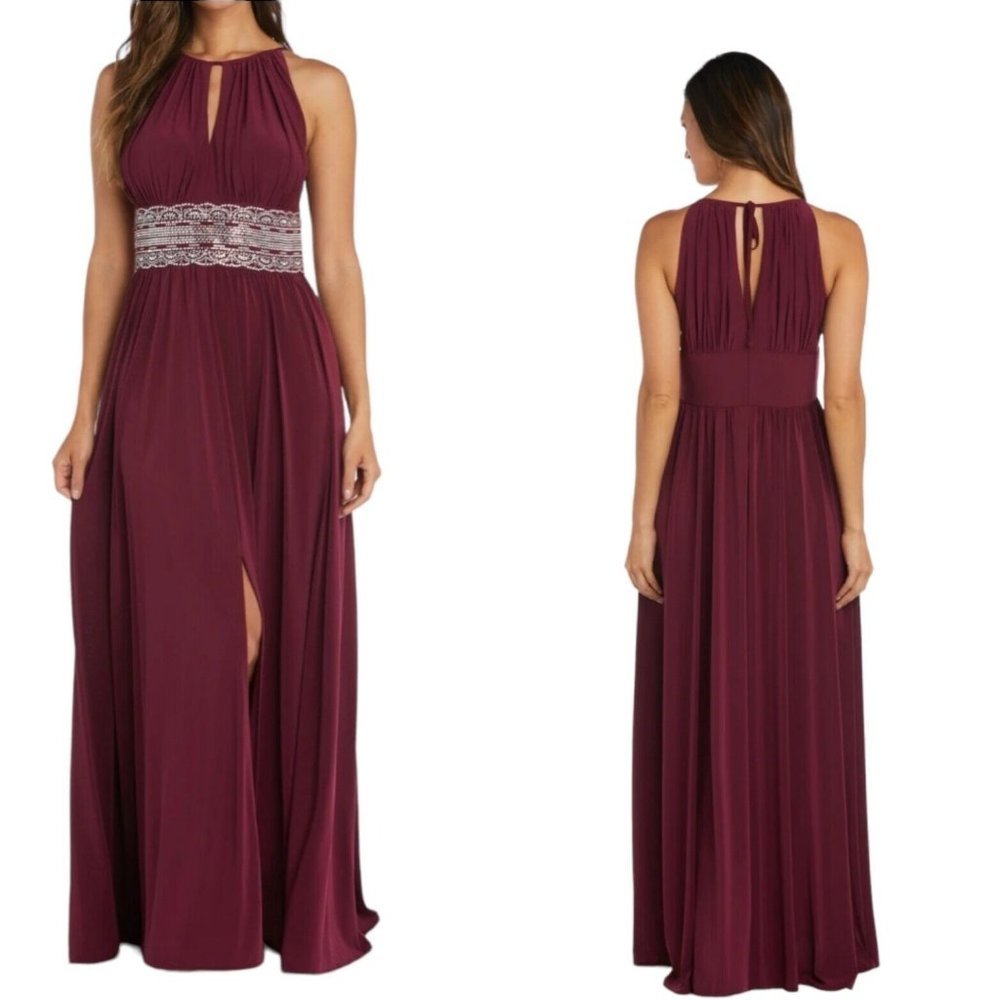 R&M Richards Formal Long Sleeveless Dress‎ Beaded Waist Burgandy Stretchy 16W
